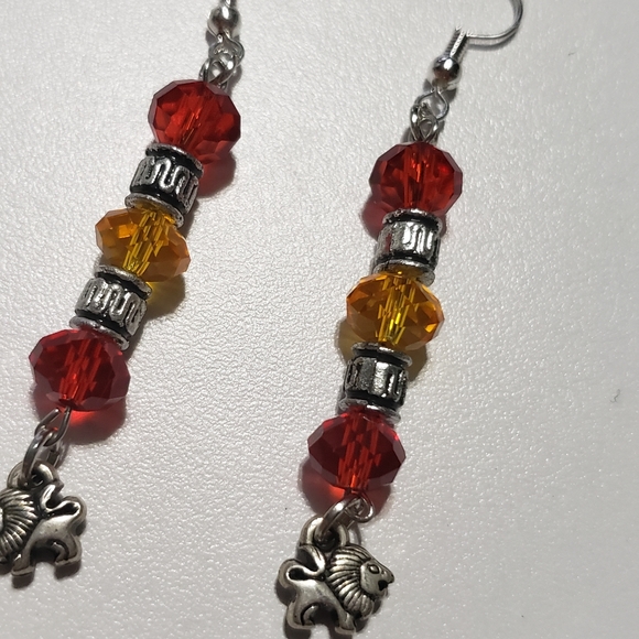 Red, Orange & Silver Lion Earrings - Picture 3 of 5